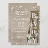 ヴィンテージウッドのはしごとスパークルベイビーシャワー 招待状 (正面/裏面)