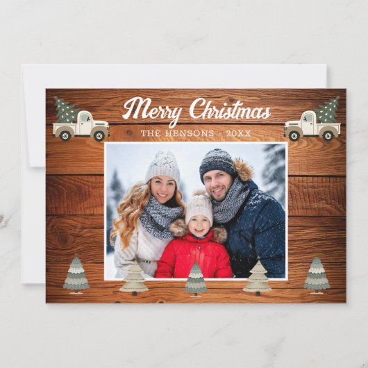 ヴィンテージウッドのクリスマスツリーがトラックに乗った家族写真 シーズンカード (正面)