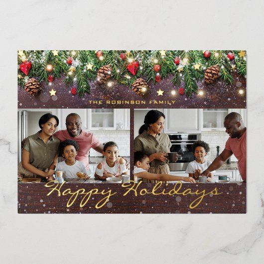 ヴィンテージウッドのハッピーホリデー2フォトです。 箔シーズンカード (正面)