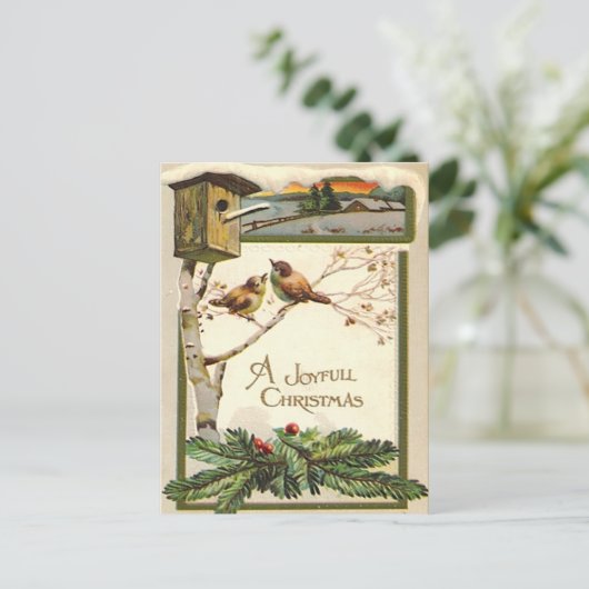 ヴィンテージウッドの雪だるまの鳥小屋と木のホリデー ポストカード (スタンド正面)