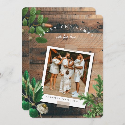 ヴィンテージウッドアコーンクリスマスホリデーフォトカード (正面/裏面)