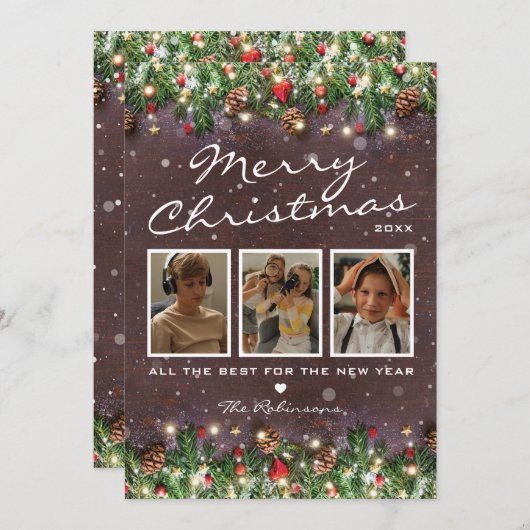 ヴィンテージウッドクリスマス　３つの写真 シーズンカード (正面/裏面)