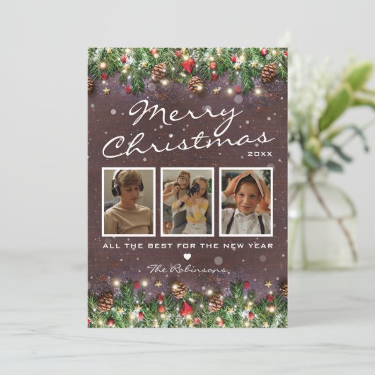 ヴィンテージウッドクリスマス　３つの写真 シーズンカード (スタンド正面)