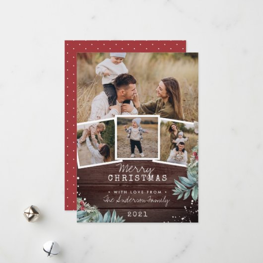 ヴィンテージウッドスノーメリークリスマス4フォトコラージュ シーズンカード (正面/裏面インサイチュ)