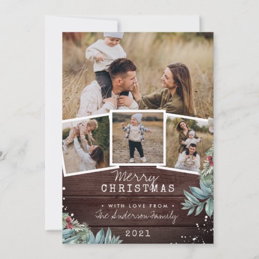 ヴィンテージウッドスノーメリークリスマス4フォトコラージュ シーズンカード (正面)