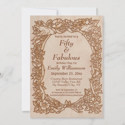 ヴィンテージウッドバード素朴フローラ50誕生日 招待状 (正面)