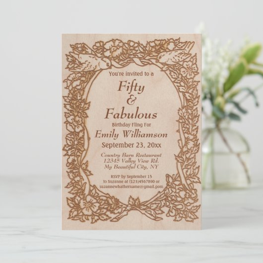 ヴィンテージウッドバード素朴フローラ50誕生日 招待状 (スタンド正面)