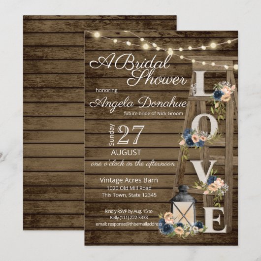 ヴィンテージウッドラダーとネイビーブルーフローラブライダル 招待状 (正面/裏面)