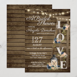 ヴィンテージウッドラダーとネイビーブルーフローラブライダル 招待状