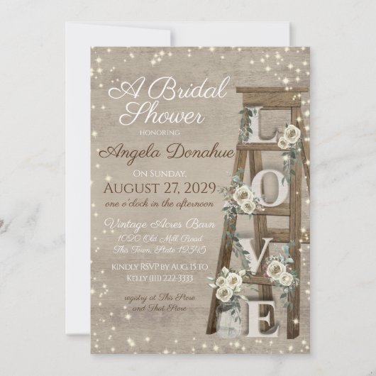 ヴィンテージウッドラダーとバラスパークルブライダル 招待状 (正面)