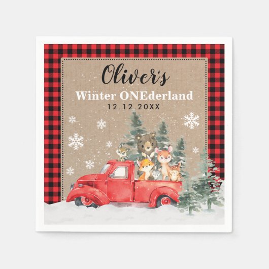 ヴィンテージウッドランドウィンターワンダーランド動物パーティー スタンダードカクテルナプキン (正面)