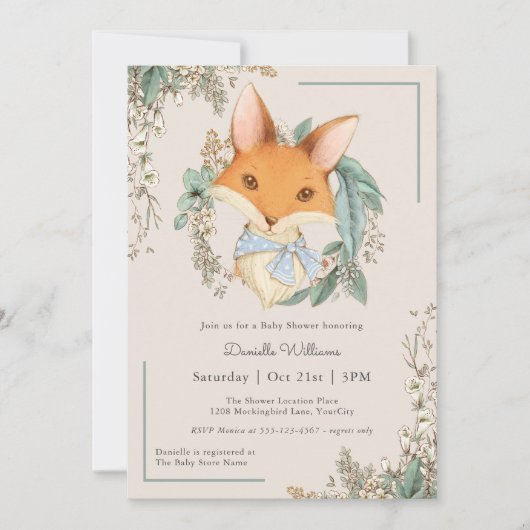 ヴィンテージウッドランドキツネベビーシャワー少年用 招待状 (正面)