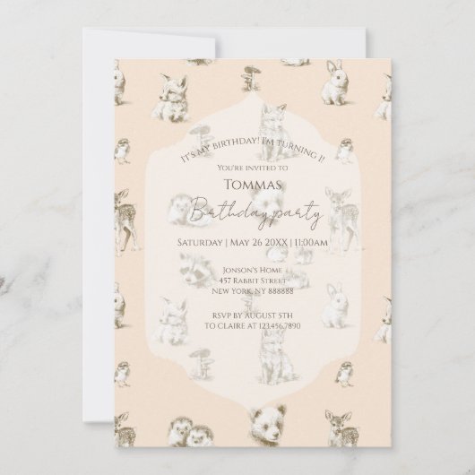 ヴィンテージウッドランドベビーアニマルズ誕生日 招待状 (正面)