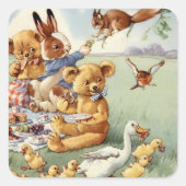 ヴィンテージウッドランド動物かわいいステッカー スクエアシール (正面)