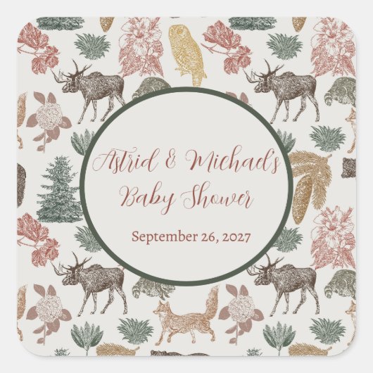 ヴィンテージウッドランド動物愛護熊，ムース&花模様 スクエアシール (正面)