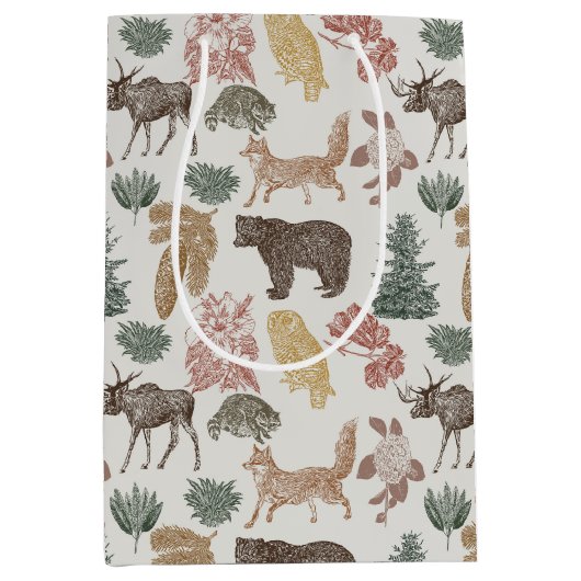 ヴィンテージウッドランド動物赤ちゃんシャワーと花模様 ミディアムペーパーバッグ (正面)