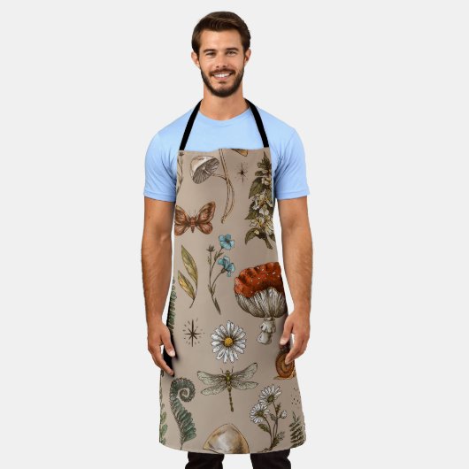 ヴィンテージウッドランド自然シームレスパターン。甘仁田 エプロン (着用した状態)