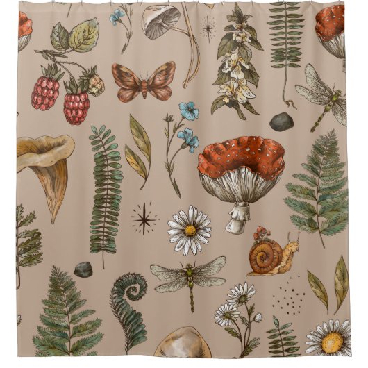 ヴィンテージウッドランド自然シームレスパターン。甘仁田 シャワーカーテン (正面)