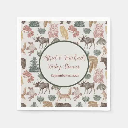ヴィンテージウッドランド・アニマルズ赤ん坊シャワーキツネ、ムース。 スタンダードカクテルナプキン (正面)