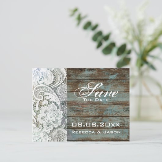 ヴィンテージウッドレースの国の結婚式の日付を保存 案内ポストカード (スタンド正面)