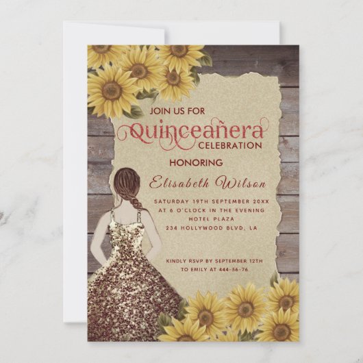 ヴィンテージウッド破れた紙ヒマワリQuinceanera 招待状 (正面)