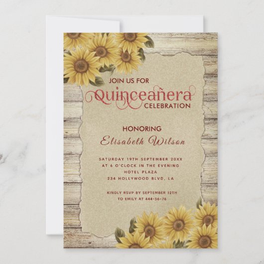 ヴィンテージウッド破れた紙ヒマワリQuinceanera 招待状 (正面)