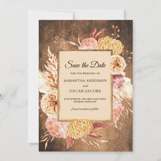 ヴィンテージウッド&ウォーターカラーカラフルパステルフラワー セーブザデート (正面)