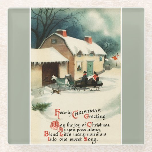 ヴィンテージウマ描スレイクリスマス ガラスコースター (正面)