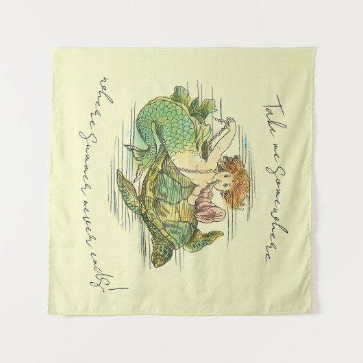 ヴィンテージウミガメと引用文で泳ぐ人魚 タペストリー (正面(横))