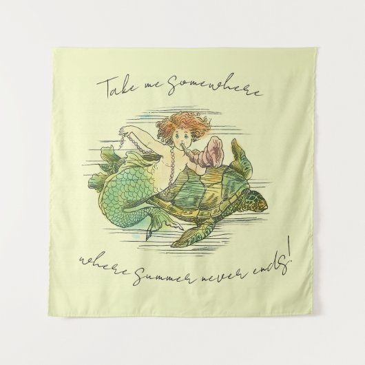 ヴィンテージウミガメと引用文で泳ぐ人魚 タペストリー (正面)
