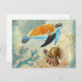 ヴィンテージウミガメと貝殻海ブルー ポストカード (正面/裏面)