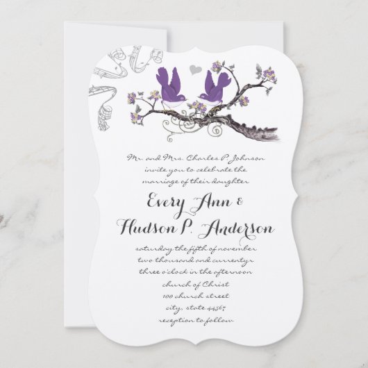 ヴィンテージウメの鳥黄色と紫の結婚式の招待 招待状 (正面)