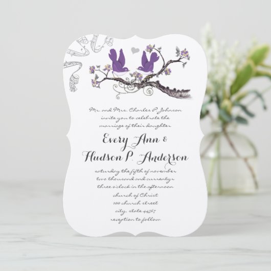 ヴィンテージウメの鳥黄色と紫の結婚式の招待 招待状 (スタンド正面)