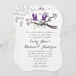 ヴィンテージウメの鳥黄色と紫の結婚式の招待 招待状