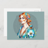 ヴィンテージウーマンとティール（緑がかった色）香水ボトル ポストカード (正面/裏面)