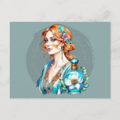 ヴィンテージウーマンとティール(緑がかった色)香水ボトル ポストカード (正面)