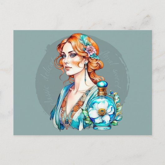 ヴィンテージウーマンとティール（緑がかった色）香水ボトル ポストカード (正面)