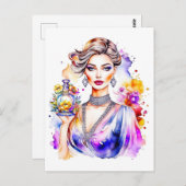 ヴィンテージウーマンと香水ボトル ポストカード (正面/裏面)