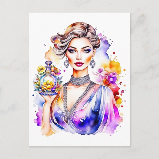 ヴィンテージウーマンと香水ボトル ポストカード (正面)