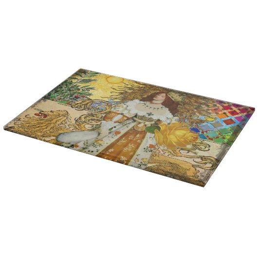 ヴィンテージウーマンゴールデンサン:レオ〔占星術の〕十二宮図コラージアート カッティングボード (角)