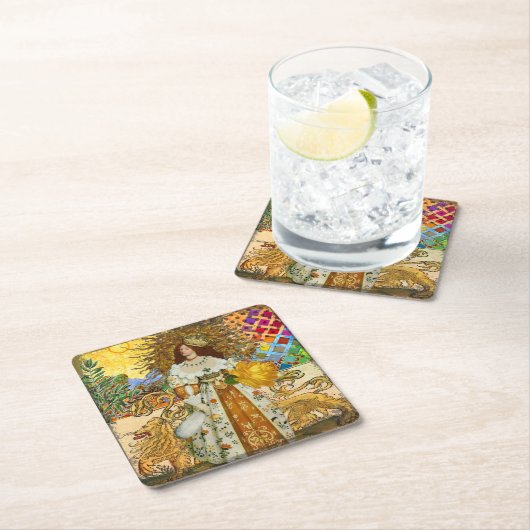 ヴィンテージウーマンゴールデンサン：レオ〔占星術の〕十二宮図コラージアート スクエアペーパーコースター (インサイチュ)