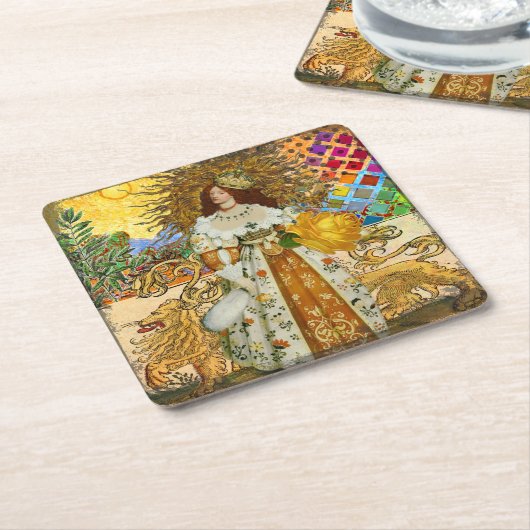 ヴィンテージウーマンゴールデンサン：レオ〔占星術の〕十二宮図コラージアート スクエアペーパーコースター (アングル)