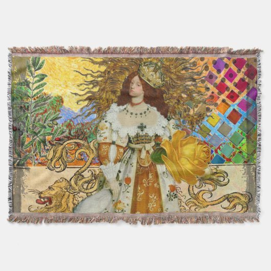 ヴィンテージウーマンゴールデンサン：レオ〔占星術の〕十二宮図コラージアート スローブランケット (正面)