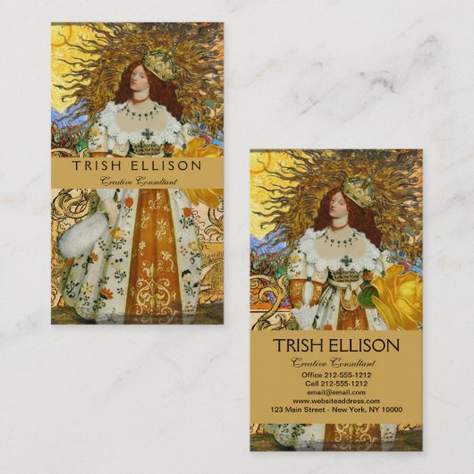 ヴィンテージウーマンゴールデンサン：レオ〔占星術の〕十二宮図コラージアート 名刺 (正面/裏面)