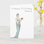 ヴィンテージウーマンドレスバービアアールデコ誕生日 カード (黄色い花)