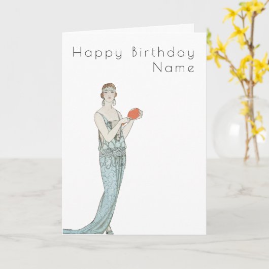 ヴィンテージウーマンドレスバービアアールデコ誕生日 カード (黄色い花)