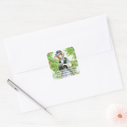 ヴィンテージウーマンホリー差出人住所ラベル スクエアシール (封筒)