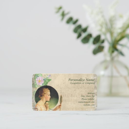 ヴィンテージウーマンメイクアップ美しい鏡 名刺 (スタンド正面)