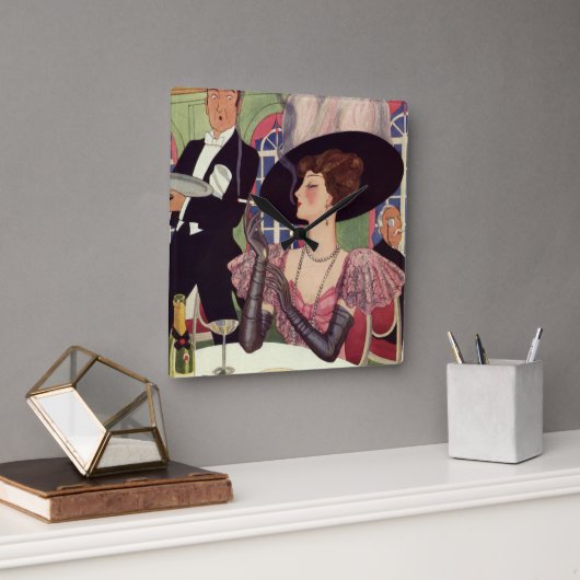 ヴィンテージウーマン喫煙シガレットドリンクシャンパン スクエア壁時計 (オフィス)