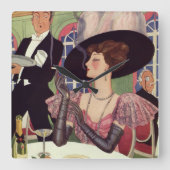 ヴィンテージウーマン喫煙シガレットドリンクシャンパン スクエア壁時計 (正面)